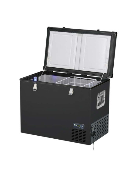 Nevera portátil de 100 litros Black Steel con alimentación 12V, marca Indel B modelo TB100 con iluminación interior y Bluetooth